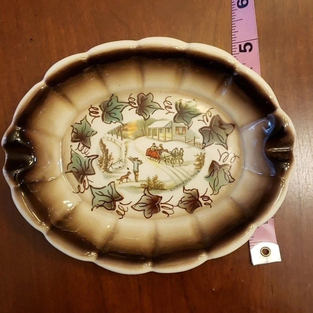Vintage Currier & Ives Small Oval Ashtray Brown Winter Scene Very Pretty VGC